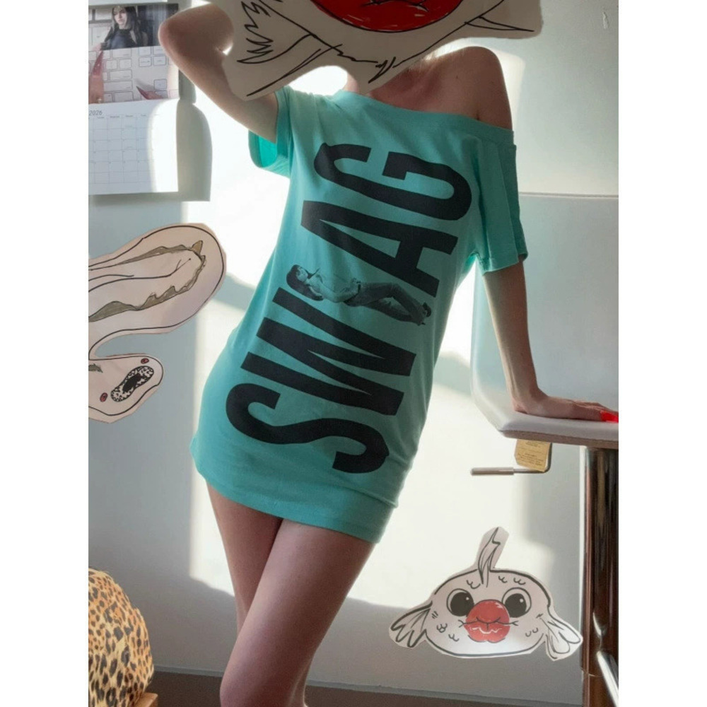 Zara Summer Slash Neck Off Shoulder Letter Print Slim Short Sleeve Dress